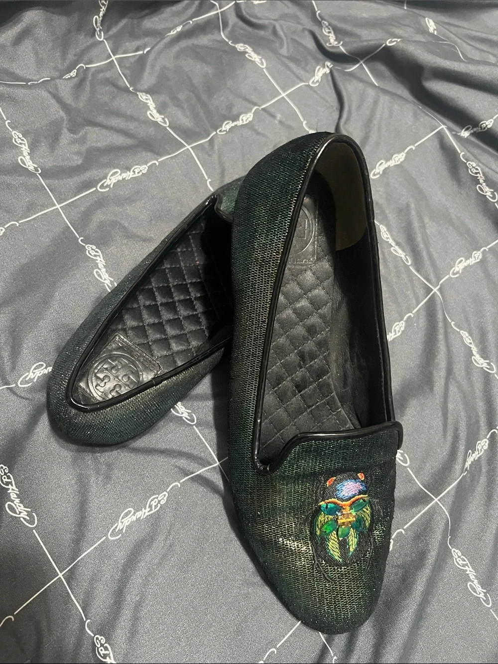 Tory Burch Dark Green Embroidered Crest Slip-On Loafers